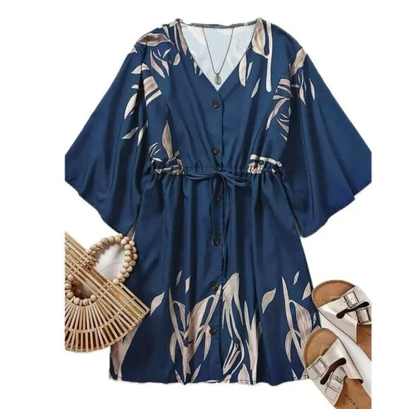 CUPSHE DRESS OVERSIZED SZ M FLARED SLEEVES NAVY BLUE TAN BEACHY CHIC SUMMER - Picture 3 of 16